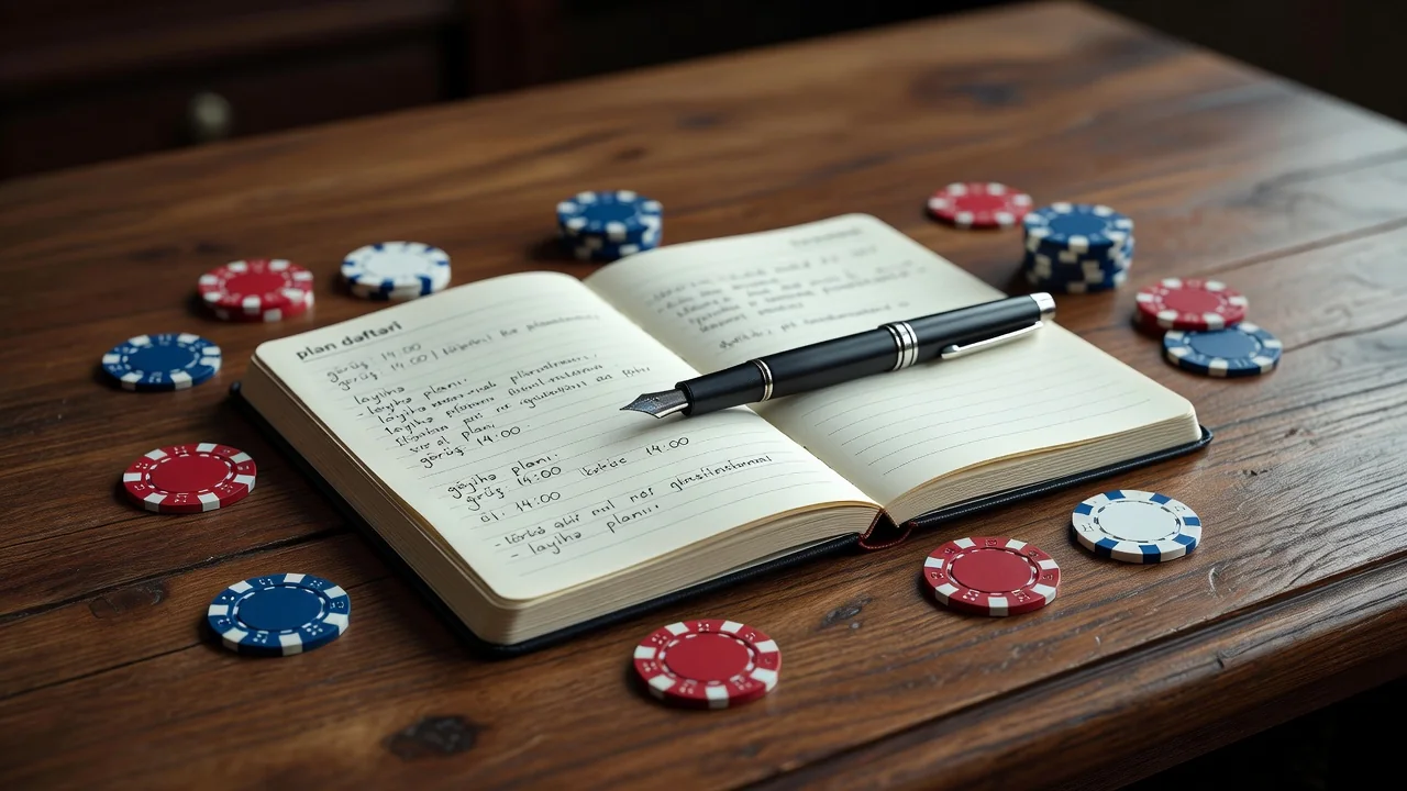 Qəhvəyi masada plan dəftəri, qələm və kiçik poker fişləri, makro çəkiliş