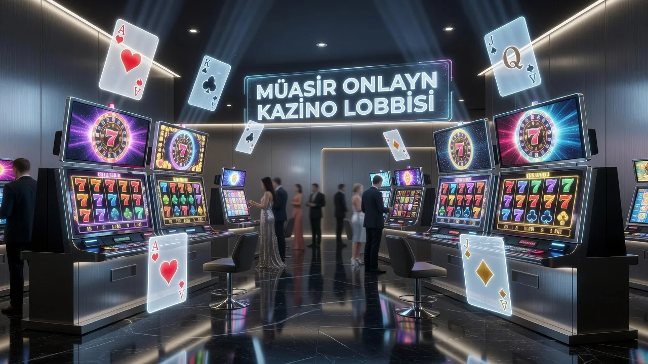 Müasir onlayn kazino lobbisi: rəngarəng slot ekranları və oyun kartları