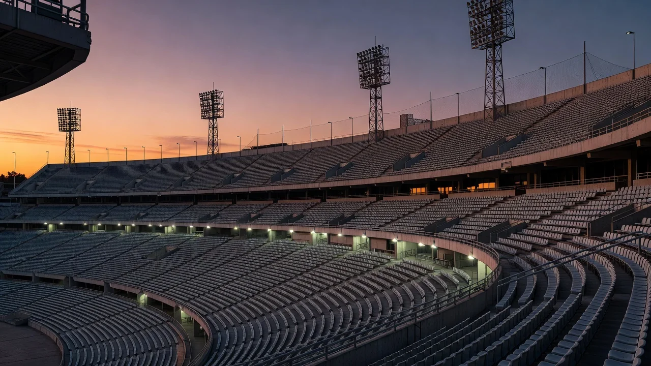 Stadion tribunası və işıq dirəkləri, axşam saatları, geniş plan