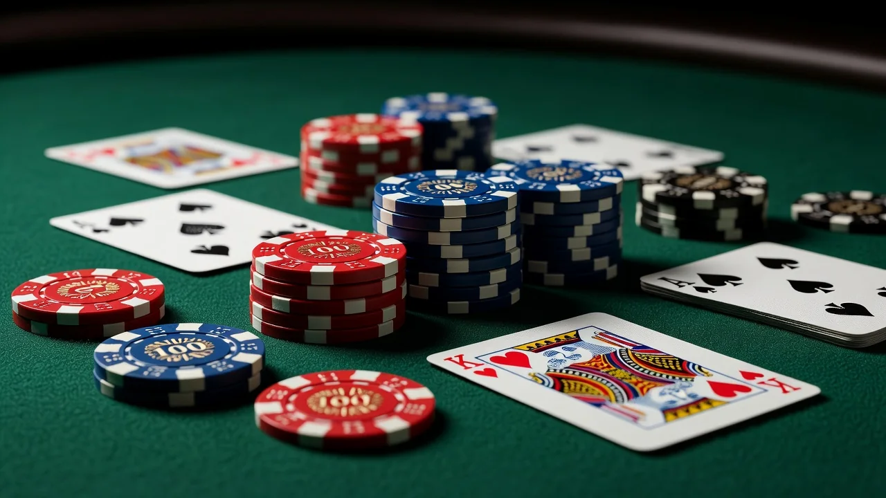 Poker fişləri və kartlar yaşıl süfrə üzərində, studiya işığı, makro