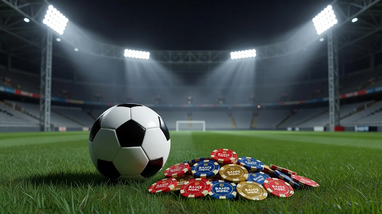 İdman mərcləri konsepsiyası: stadion işıqları fonunda top və mərc fişləri